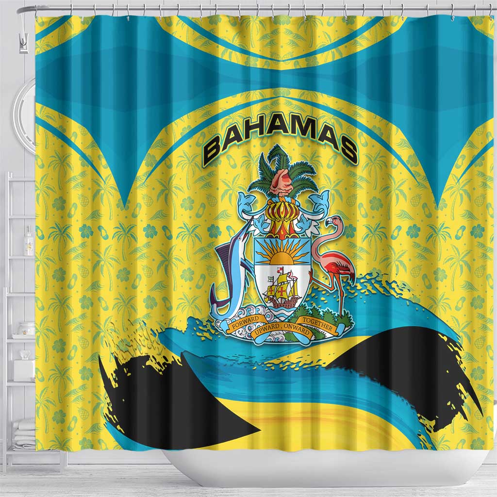 Bahamas Flag Shower Curtain with National Coat of Arms and Sea Turtle Design - Wonder Print Shop