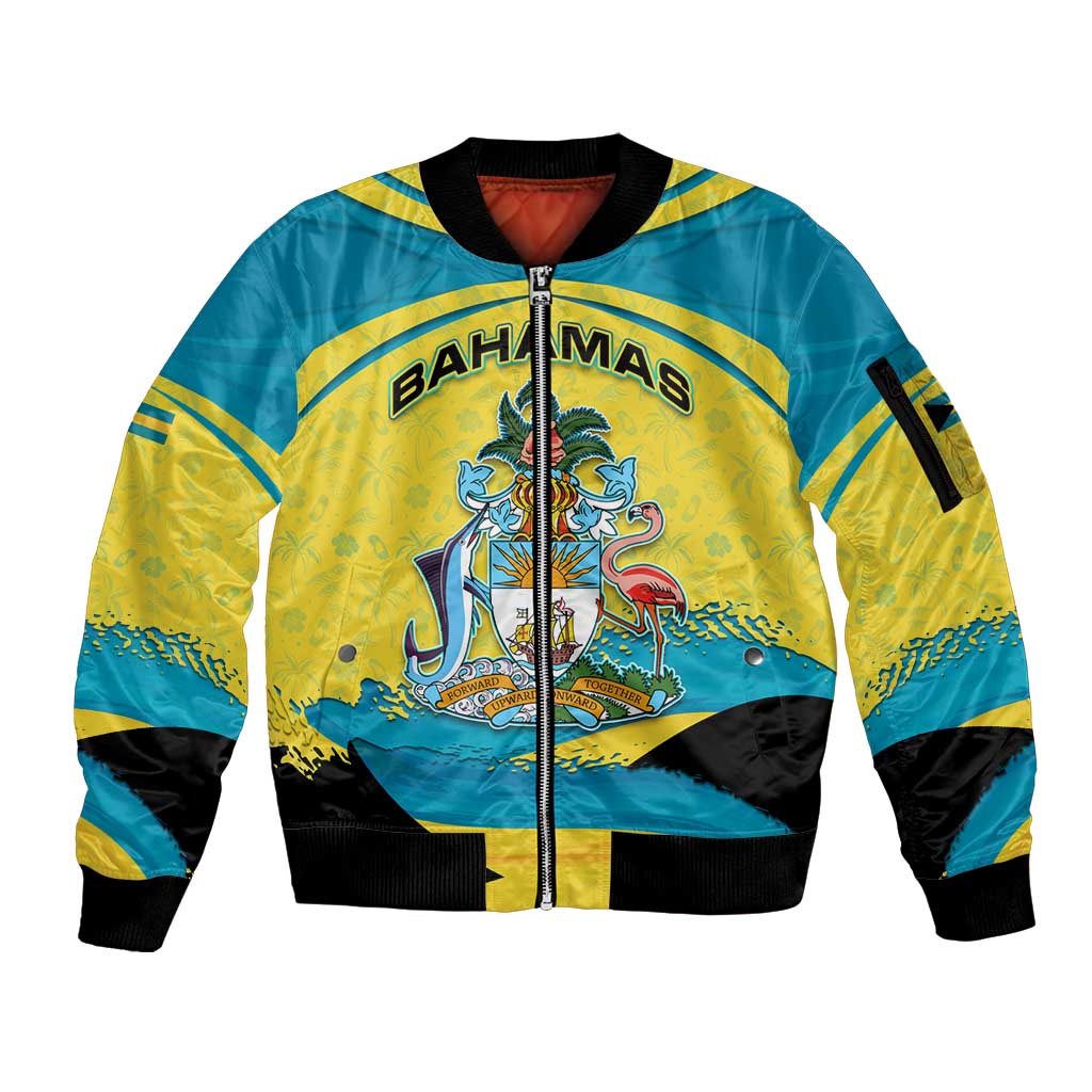 Bahamas Flag Sleeve Zip Bomber Jacket with National Coat of Arms and Sea Turtle Design - Wonder Print Shop
