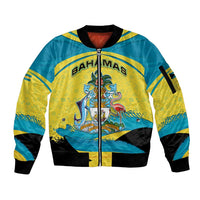 Bahamas Flag Sleeve Zip Bomber Jacket with National Coat of Arms and Sea Turtle Design - Wonder Print Shop