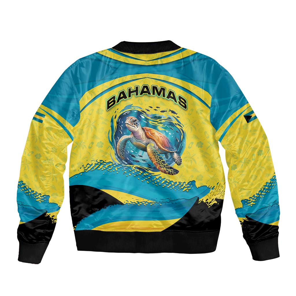Bahamas Flag Sleeve Zip Bomber Jacket with National Coat of Arms and Sea Turtle Design - Wonder Print Shop