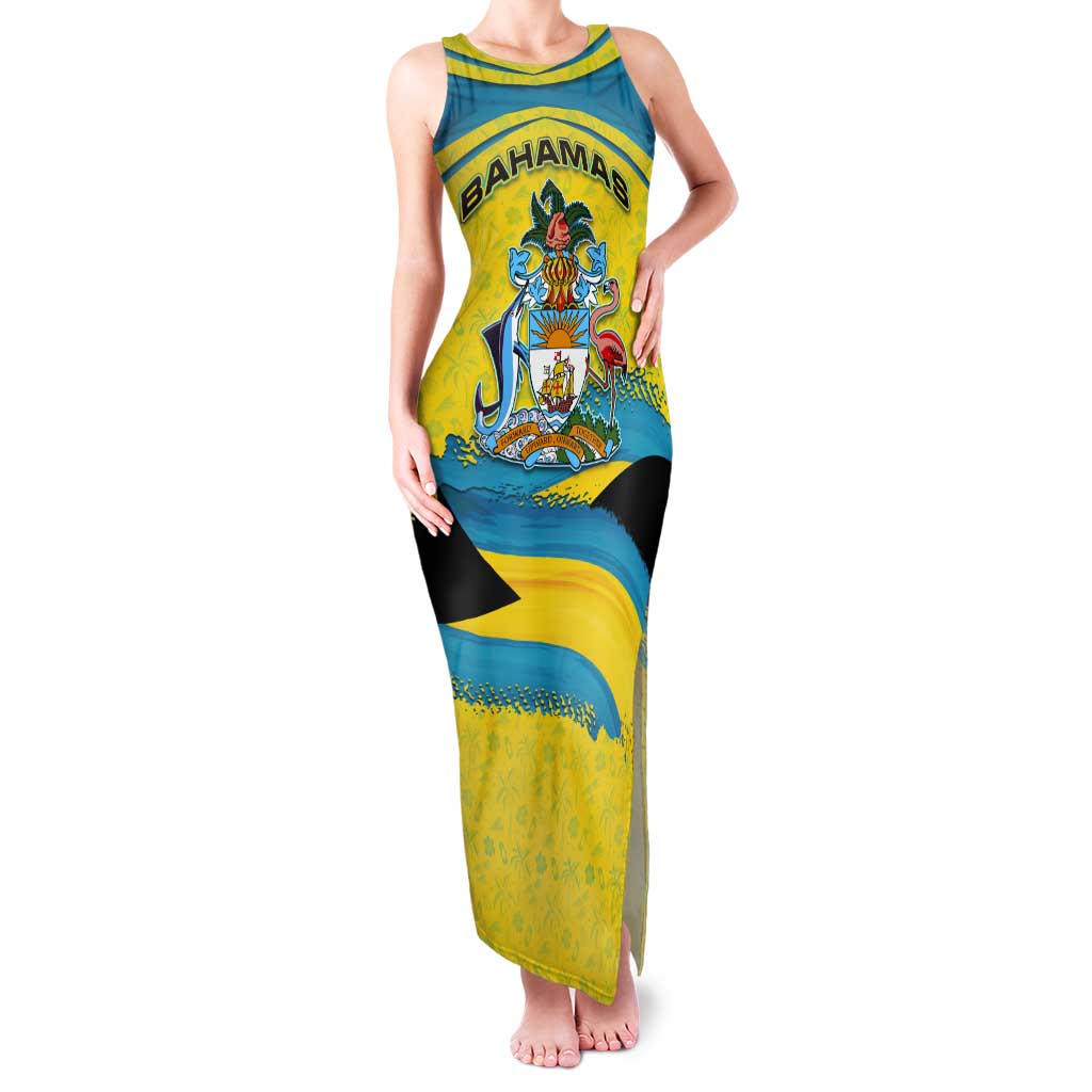 Bahamas Flag Tank Maxi Dress with National Coat of Arms and Sea Turtle Design - Wonder Print Shop