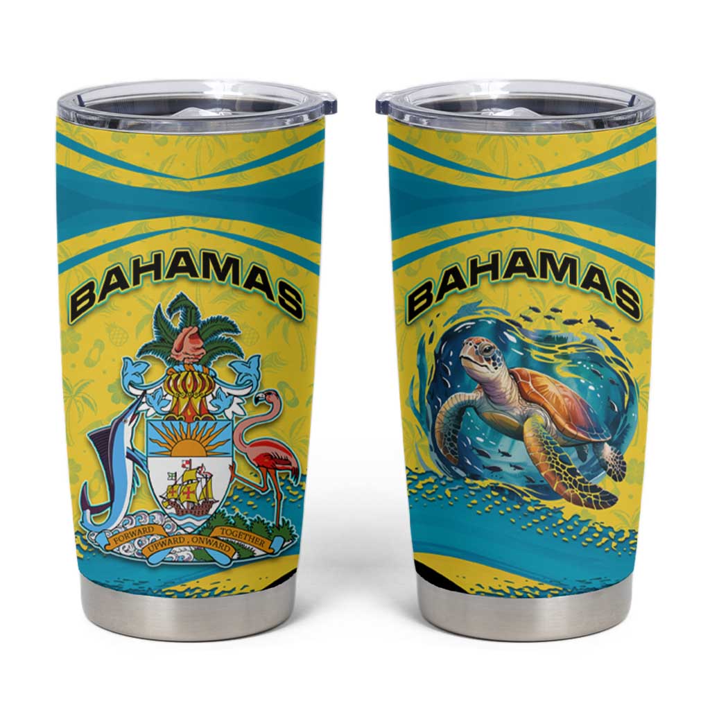 Bahamas Flag Tumbler Cup with National Coat of Arms and Sea Turtle Design - Wonder Print Shop