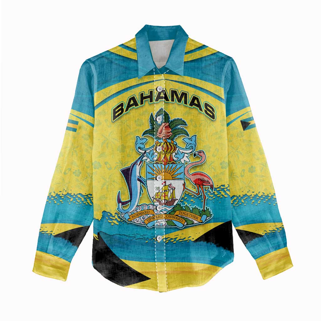Bahamas Flag Women Casual Shirt with National Coat of Arms and Sea Turtle Design - Wonder Print Shop
