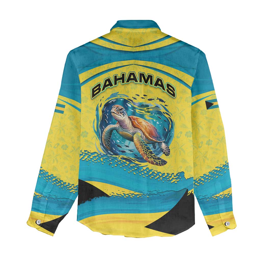 Bahamas Flag Women Casual Shirt with National Coat of Arms and Sea Turtle Design - Wonder Print Shop