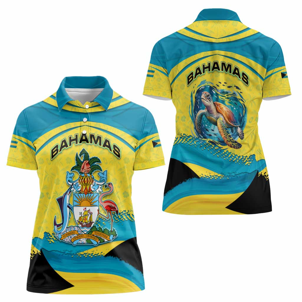 Bahamas Flag Women Polo Shirt with National Coat of Arms and Sea Turtle Design - Wonder Print Shop