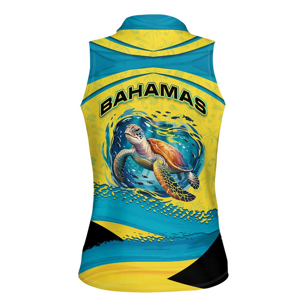 Bahamas Flag Women Sleeveless Polo Shirt with National Coat of Arms and Sea Turtle Design - Wonder Print Shop