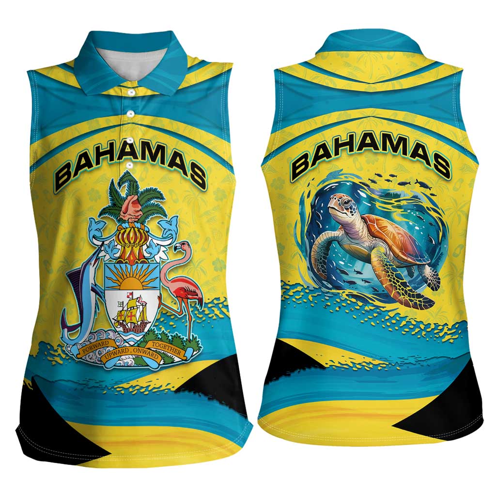 Bahamas Flag Women Sleeveless Polo Shirt with National Coat of Arms and Sea Turtle Design - Wonder Print Shop