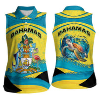 Bahamas Flag Women Sleeveless Polo Shirt with National Coat of Arms and Sea Turtle Design - Wonder Print Shop