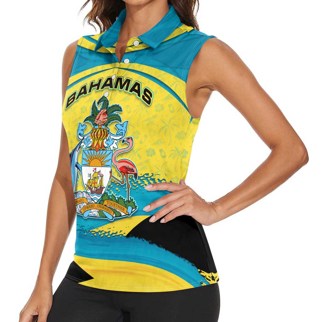 Bahamas Flag Women Sleeveless Polo Shirt with National Coat of Arms and Sea Turtle Design - Wonder Print Shop