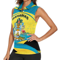 Bahamas Flag Women Sleeveless Polo Shirt with National Coat of Arms and Sea Turtle Design - Wonder Print Shop
