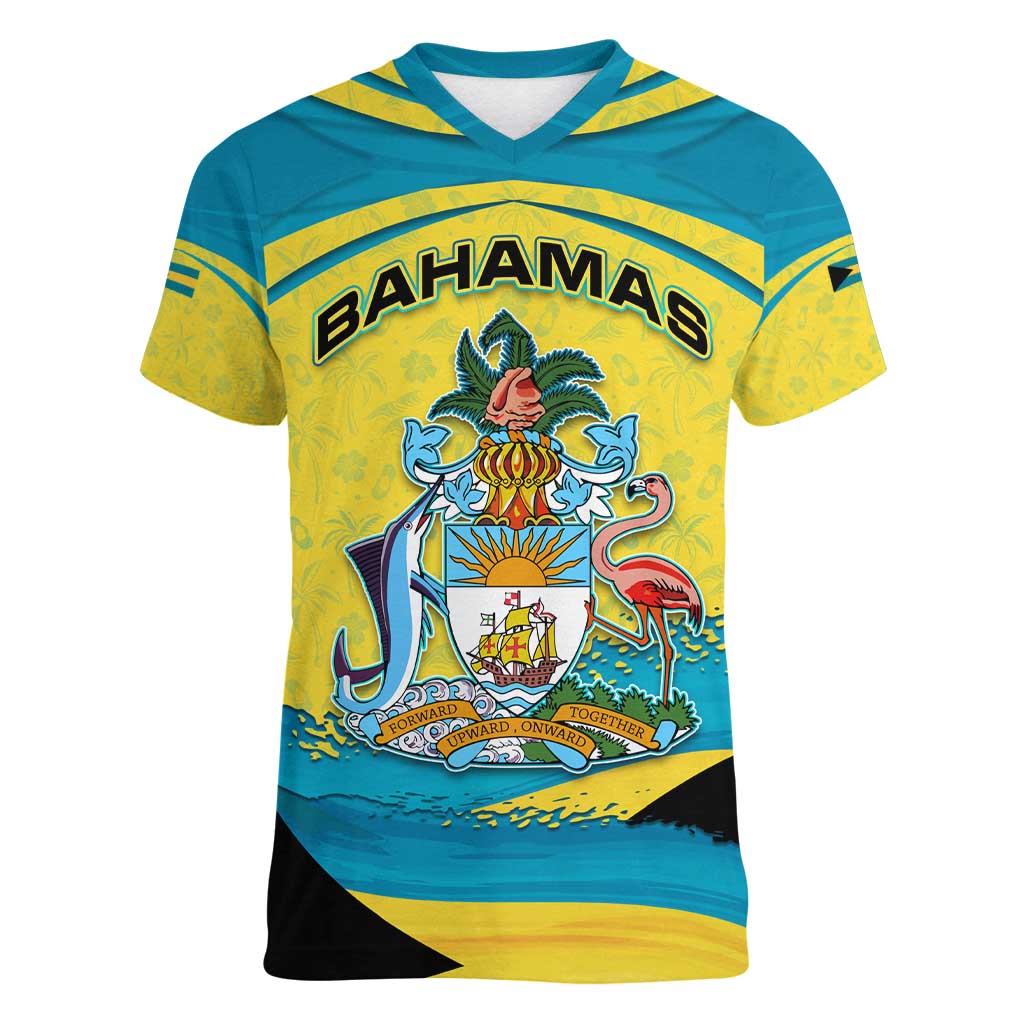 Bahamas Flag Women V-Neck T-Shirt with National Coat of Arms and Sea Turtle Design - Wonder Print Shop