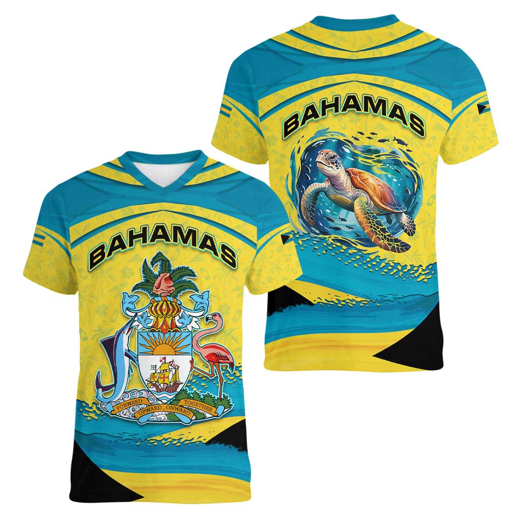 Bahamas Flag Women V-Neck T-Shirt with National Coat of Arms and Sea Turtle Design - Wonder Print Shop