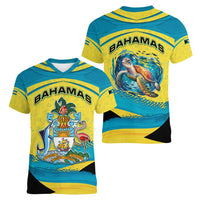 Bahamas Flag Women V-Neck T-Shirt with National Coat of Arms and Sea Turtle Design - Wonder Print Shop