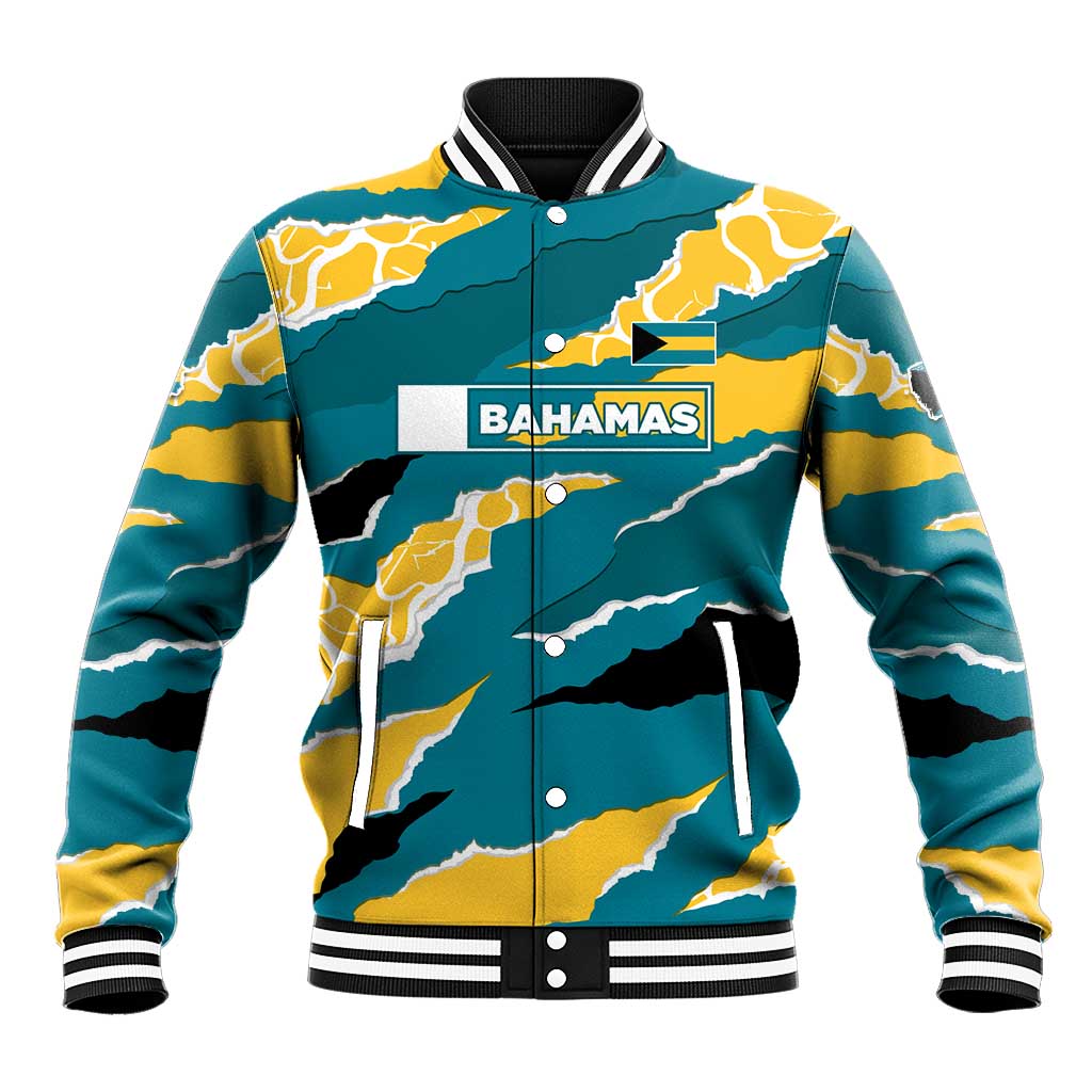 Bahamas Baseball Jacket with National Coat of Arms Teal Yellow Ocean Wave Spirit