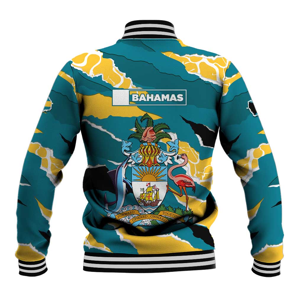 Bahamas Baseball Jacket with National Coat of Arms Teal Yellow Ocean Wave Spirit