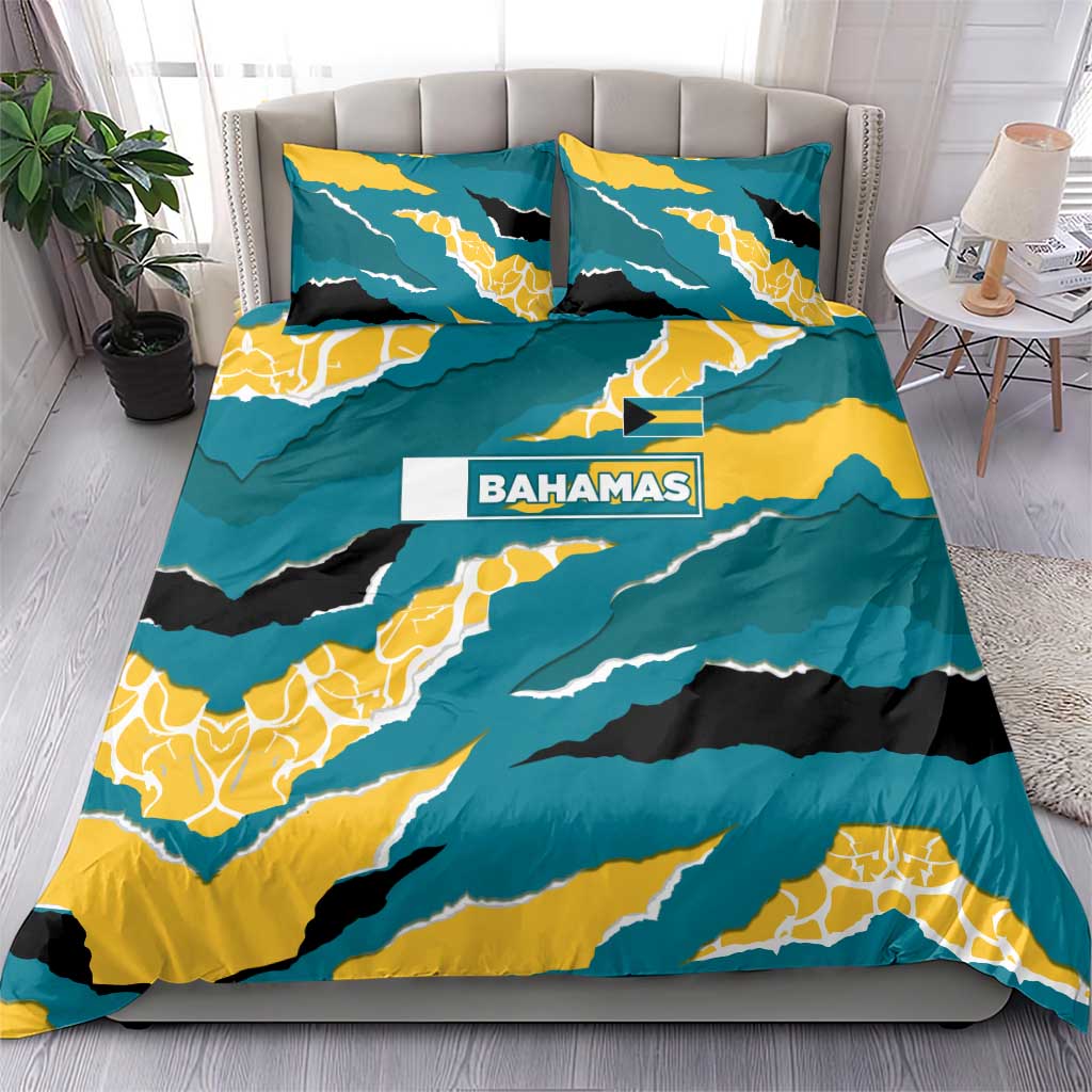 Bahamas Bedding Set with National Coat of Arms Teal Yellow Ocean Wave Spirit