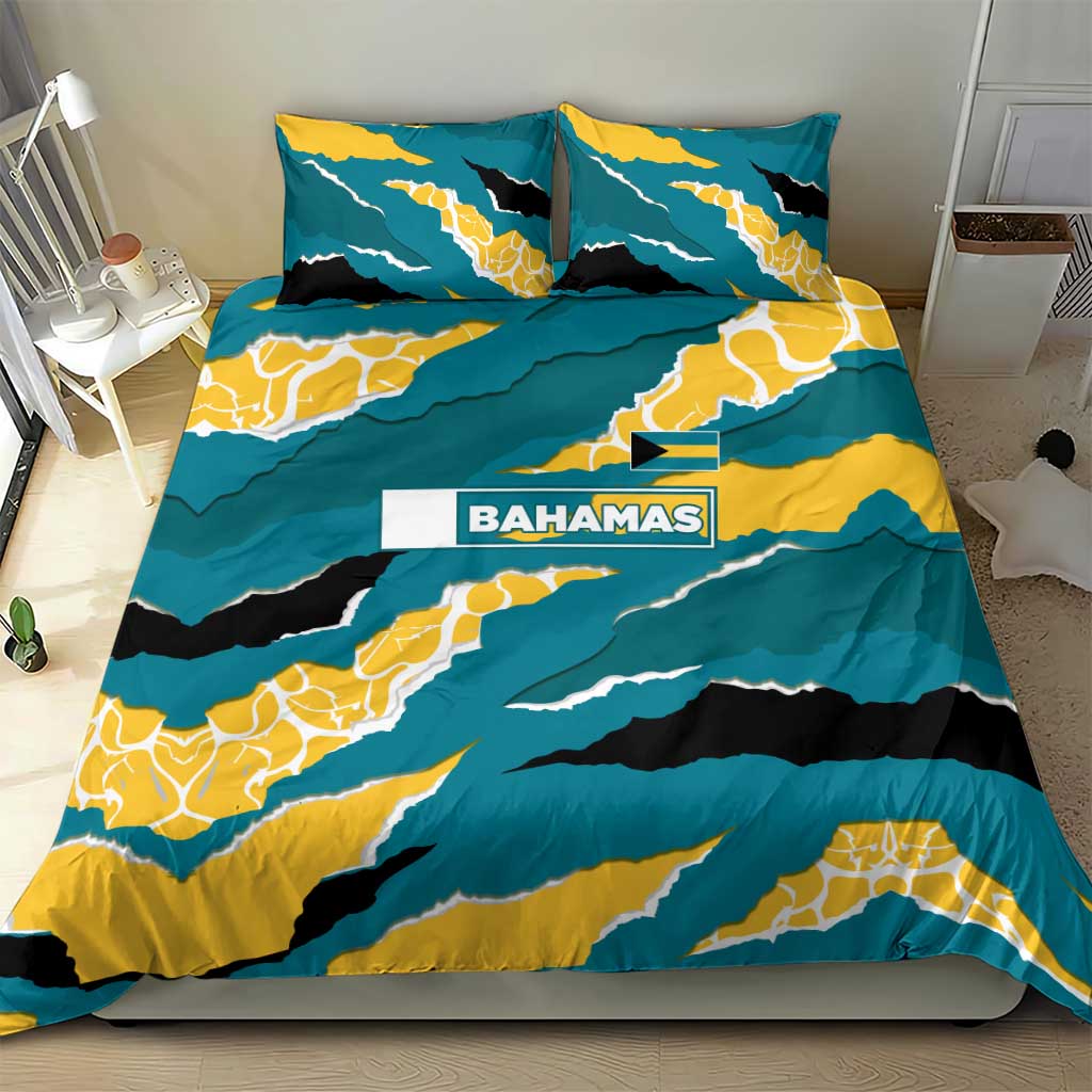 Bahamas Bedding Set with National Coat of Arms Teal Yellow Ocean Wave Spirit