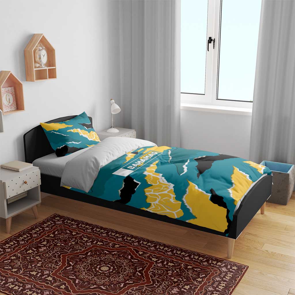 Bahamas Bedding Set with National Coat of Arms Teal Yellow Ocean Wave Spirit