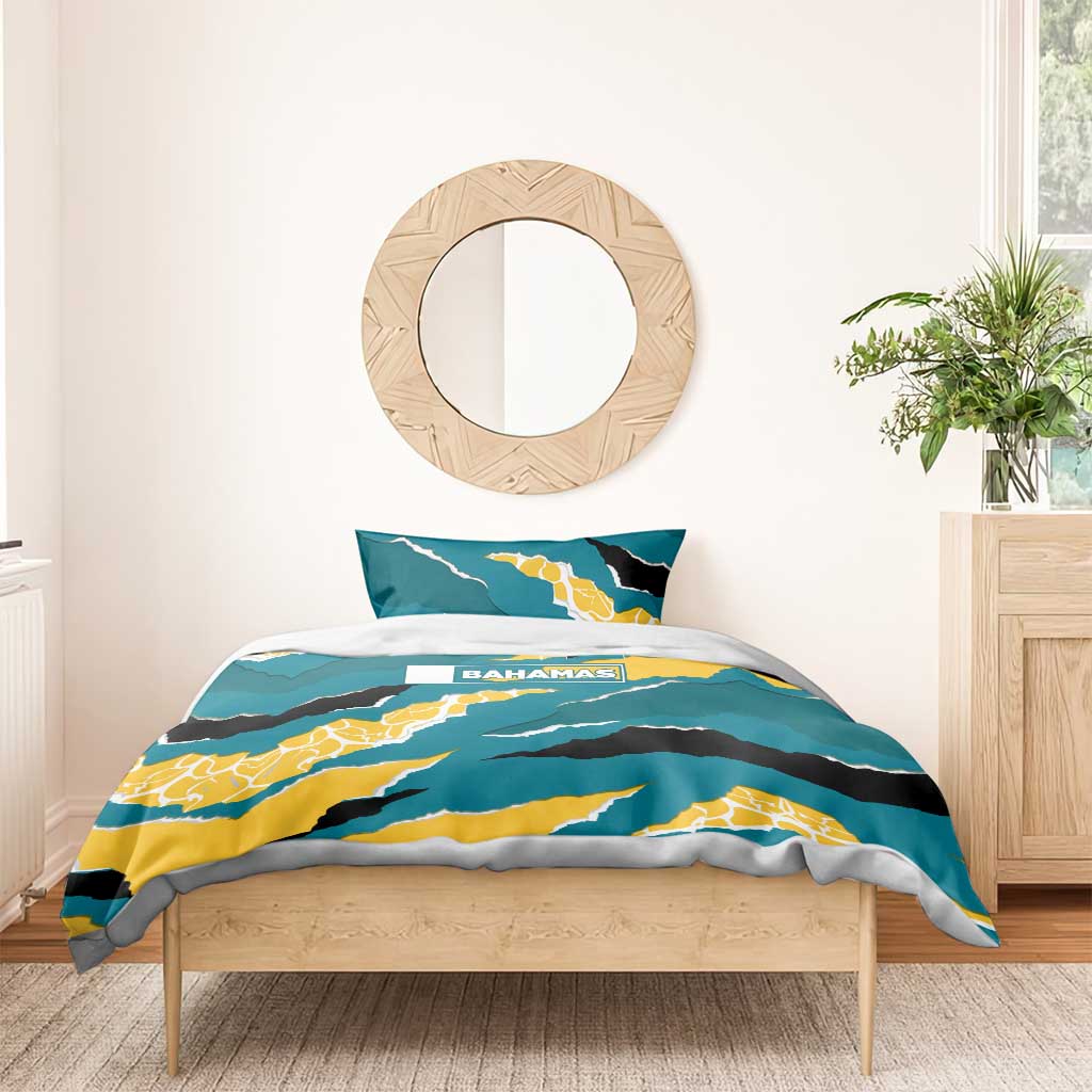 Bahamas Bedding Set with National Coat of Arms Teal Yellow Ocean Wave Spirit