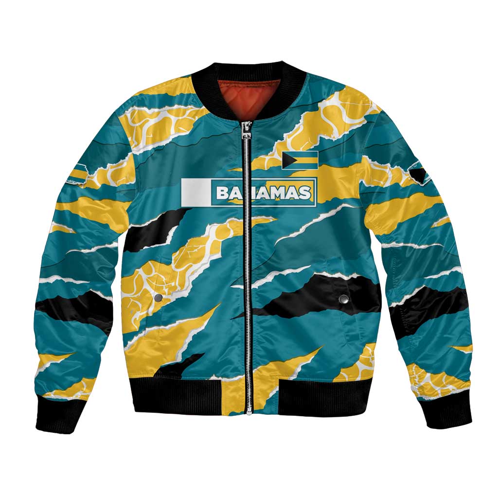 Bahamas Bomber Jacket with National Coat of Arms Teal Yellow Ocean Wave Spirit