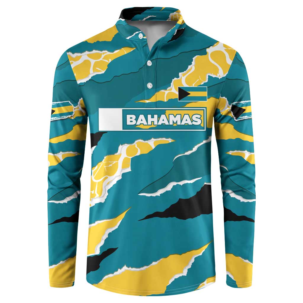 Bahamas Button Sweatshirt with National Coat of Arms Teal Yellow Ocean Wave Spirit