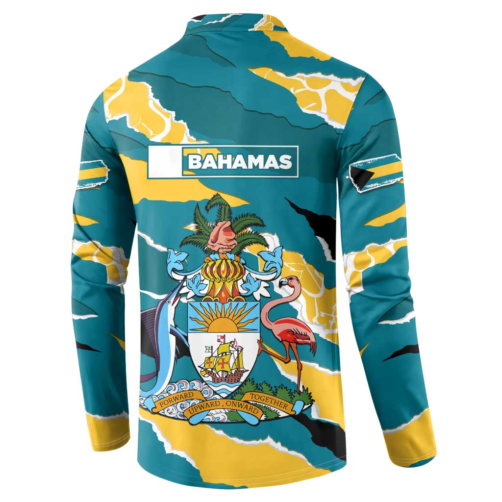 Bahamas Button Sweatshirt with National Coat of Arms Teal Yellow Ocean Wave Spirit