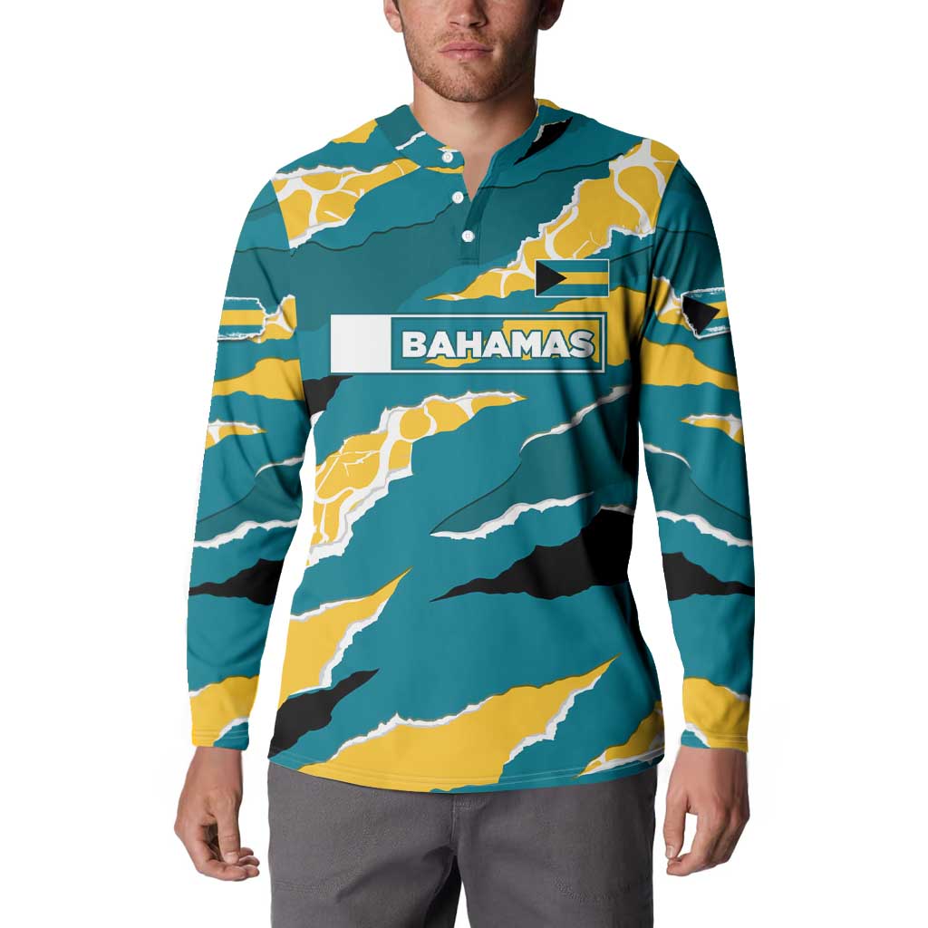 Bahamas Button Sweatshirt with National Coat of Arms Teal Yellow Ocean Wave Spirit