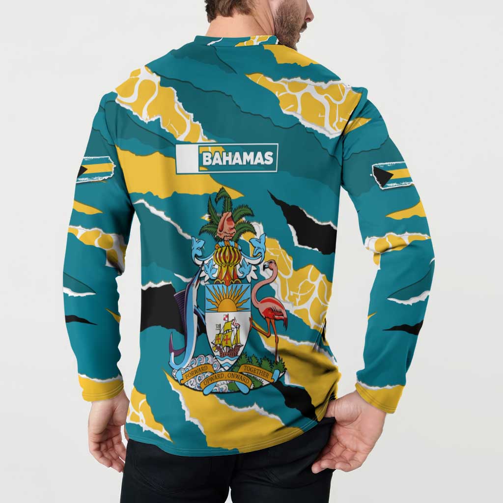 Bahamas Button Sweatshirt with National Coat of Arms Teal Yellow Ocean Wave Spirit
