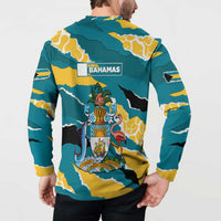 Bahamas Button Sweatshirt with National Coat of Arms Teal Yellow Ocean Wave Spirit