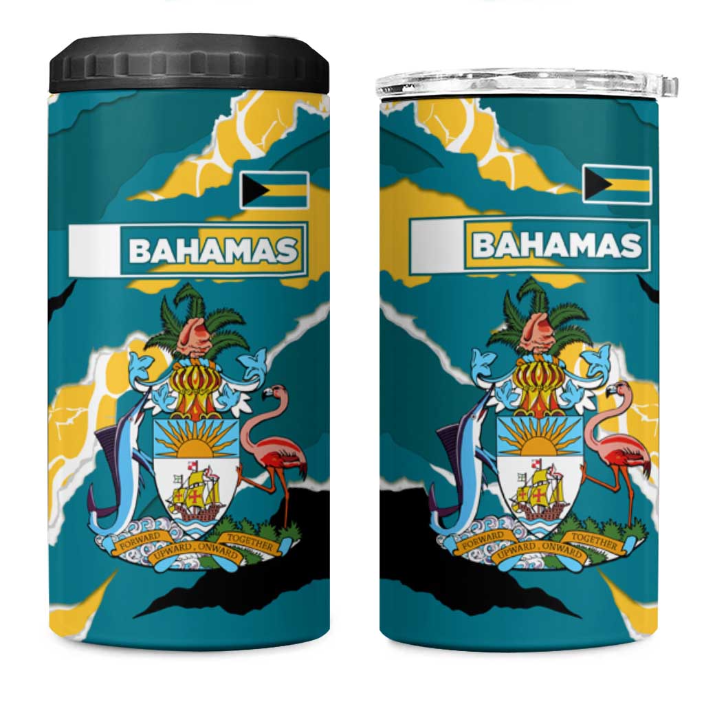 Bahamas 4 in 1 Can Cooler Tumbler with National Coat of Arms Teal Yellow Ocean Wave Spirit