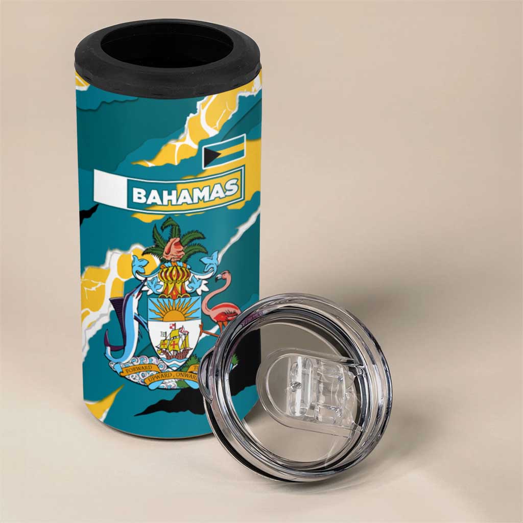 Bahamas 4 in 1 Can Cooler Tumbler with National Coat of Arms Teal Yellow Ocean Wave Spirit