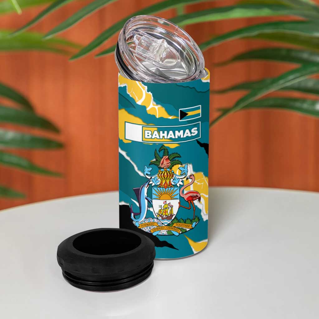 Bahamas 4 in 1 Can Cooler Tumbler with National Coat of Arms Teal Yellow Ocean Wave Spirit