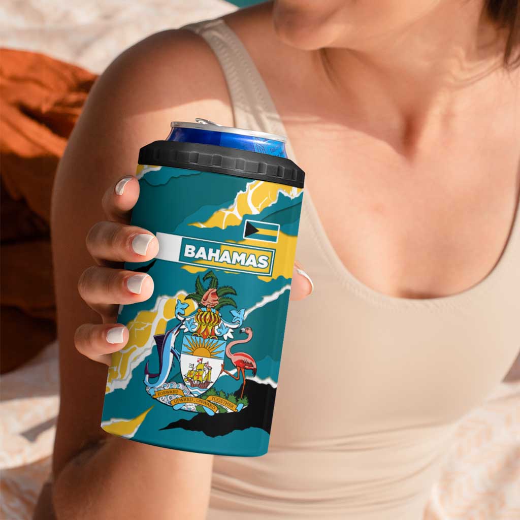 Bahamas 4 in 1 Can Cooler Tumbler with National Coat of Arms Teal Yellow Ocean Wave Spirit