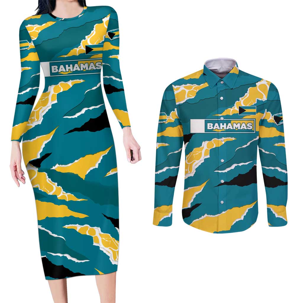 Bahamas Couples Matching Long Sleeve Bodycon Dress and Long Sleeve Button Shirt with National Coat of Arms Teal Yellow Ocean Wave Spirit