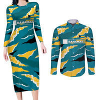 Bahamas Couples Matching Long Sleeve Bodycon Dress and Long Sleeve Button Shirt with National Coat of Arms Teal Yellow Ocean Wave Spirit