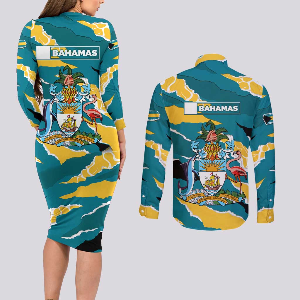 Bahamas Couples Matching Long Sleeve Bodycon Dress and Long Sleeve Button Shirt with National Coat of Arms Teal Yellow Ocean Wave Spirit