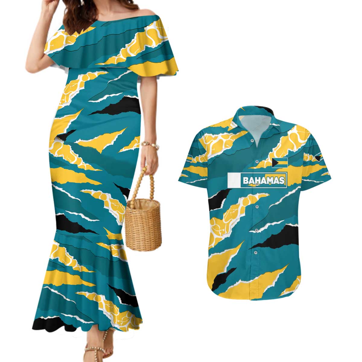 Bahamas Couples Matching Mermaid Dress and Hawaiian Shirt with National Coat of Arms Teal Yellow Ocean Wave Spirit
