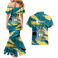 Bahamas Couples Matching Mermaid Dress and Hawaiian Shirt with National Coat of Arms Teal Yellow Ocean Wave Spirit
