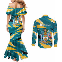 Bahamas Couples Matching Mermaid Dress and Long Sleeve Button Shirt with National Coat of Arms Teal Yellow Ocean Wave Spirit