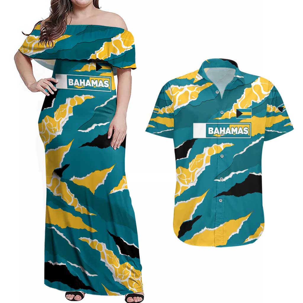 Bahamas Couples Matching Off Shoulder Maxi Dress and Hawaiian Shirt with National Coat of Arms Teal Yellow Ocean Wave Spirit