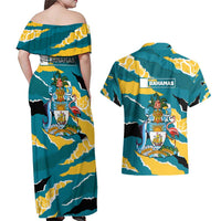 Bahamas Couples Matching Off Shoulder Maxi Dress and Hawaiian Shirt with National Coat of Arms Teal Yellow Ocean Wave Spirit