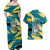 Bahamas Couples Matching Off Shoulder Maxi Dress and Hawaiian Shirt with National Coat of Arms Teal Yellow Ocean Wave Spirit