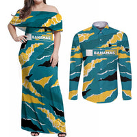 Bahamas Couples Matching Off Shoulder Maxi Dress and Long Sleeve Button Shirt with National Coat of Arms Teal Yellow Ocean Wave Spirit
