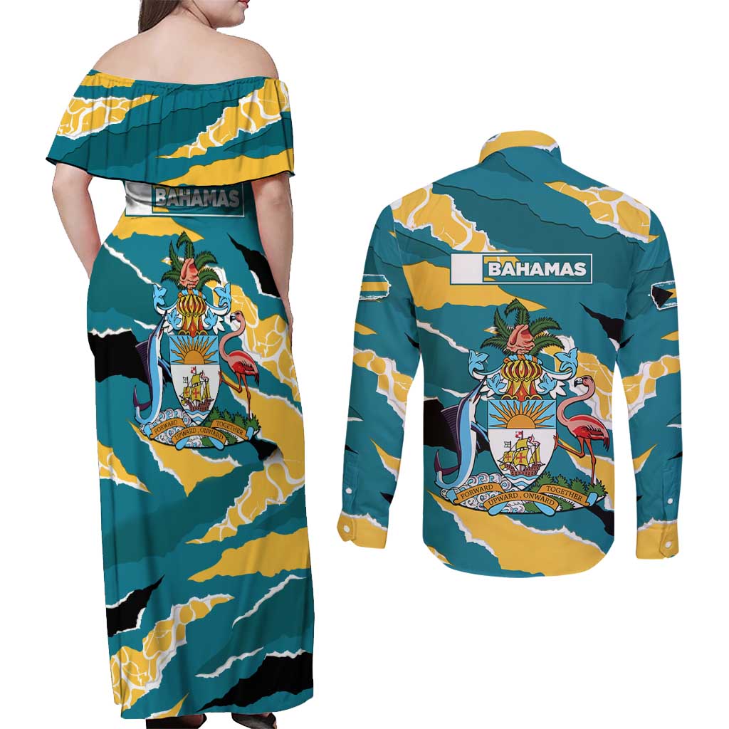 Bahamas Couples Matching Off Shoulder Maxi Dress and Long Sleeve Button Shirt with National Coat of Arms Teal Yellow Ocean Wave Spirit
