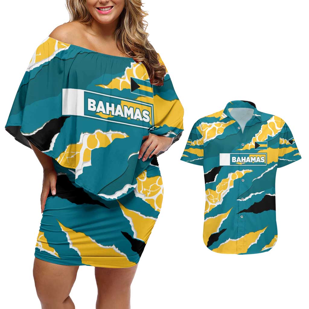 Bahamas Couples Matching Off Shoulder Short Dress and Hawaiian Shirt with National Coat of Arms Teal Yellow Ocean Wave Spirit