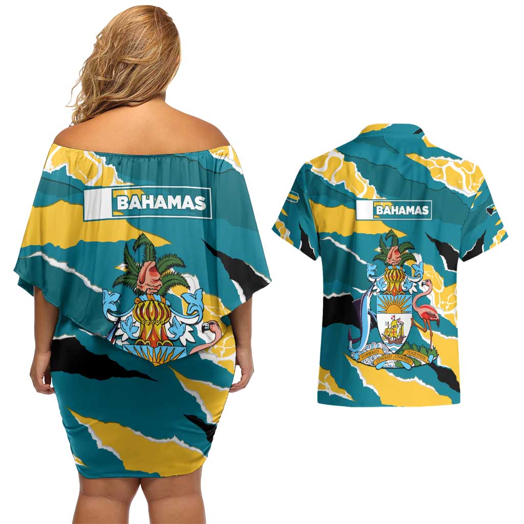 Bahamas Couples Matching Off Shoulder Short Dress and Hawaiian Shirt with National Coat of Arms Teal Yellow Ocean Wave Spirit