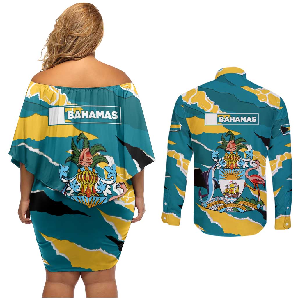 Bahamas Couples Matching Off Shoulder Short Dress and Long Sleeve Button Shirt with National Coat of Arms Teal Yellow Ocean Wave Spirit