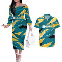 Bahamas Couples Matching Off The Shoulder Long Sleeve Dress and Hawaiian Shirt with National Coat of Arms Teal Yellow Ocean Wave Spirit