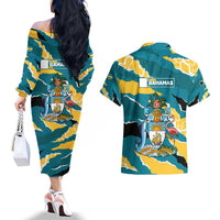 Bahamas Couples Matching Off The Shoulder Long Sleeve Dress and Hawaiian Shirt with National Coat of Arms Teal Yellow Ocean Wave Spirit