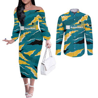 Bahamas Couples Matching Off The Shoulder Long Sleeve Dress and Long Sleeve Button Shirt with National Coat of Arms Teal Yellow Ocean Wave Spirit